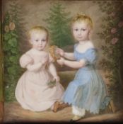 Miniaturmalerei (19. Jahrhundert) "Kinderpaar", Portrait im Freien, eines in blauem und eines in ro