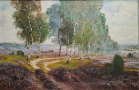 Landschaftsmaler (20. Jahrhundert) "Heidelandschaft", mit Feldweg und weitem Blick, Öl auf Leinwand