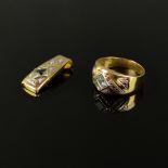 Schmuckset, 333/8K Gelbgold, bestehend aus einem Ring, mit hellblauem Schmuckstein, Ringgröße 57 un