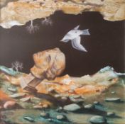 Surrealist (20./ 21. Jahrhundert) Landschaft mit einer kippenden Büste und einem kleinen Vogel, obe