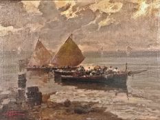 Travino, A. (20. Jahrhundert) "La Pesca", Fischerboote am Ufer in Abendstimmung, Öl auf Leinwand, l