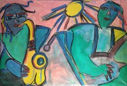 Keil, Peter Robert (1942 Sulechow/Züllichau) "Zwei Musiker", zwei Figuren mit Saxophon und Banjo an