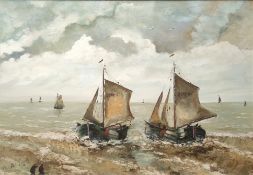 Marinemaler (20. Jahrhundert) "Rückkehr der Fischerboote", Schiffe kehren zurück ans sandige Ufer, 