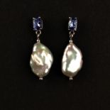 Tansanit-Ohrringe mit Keshi Perlen, Silber 925, 4,5 g, natürliche Tansanite von zusammen ca. 1,20ct