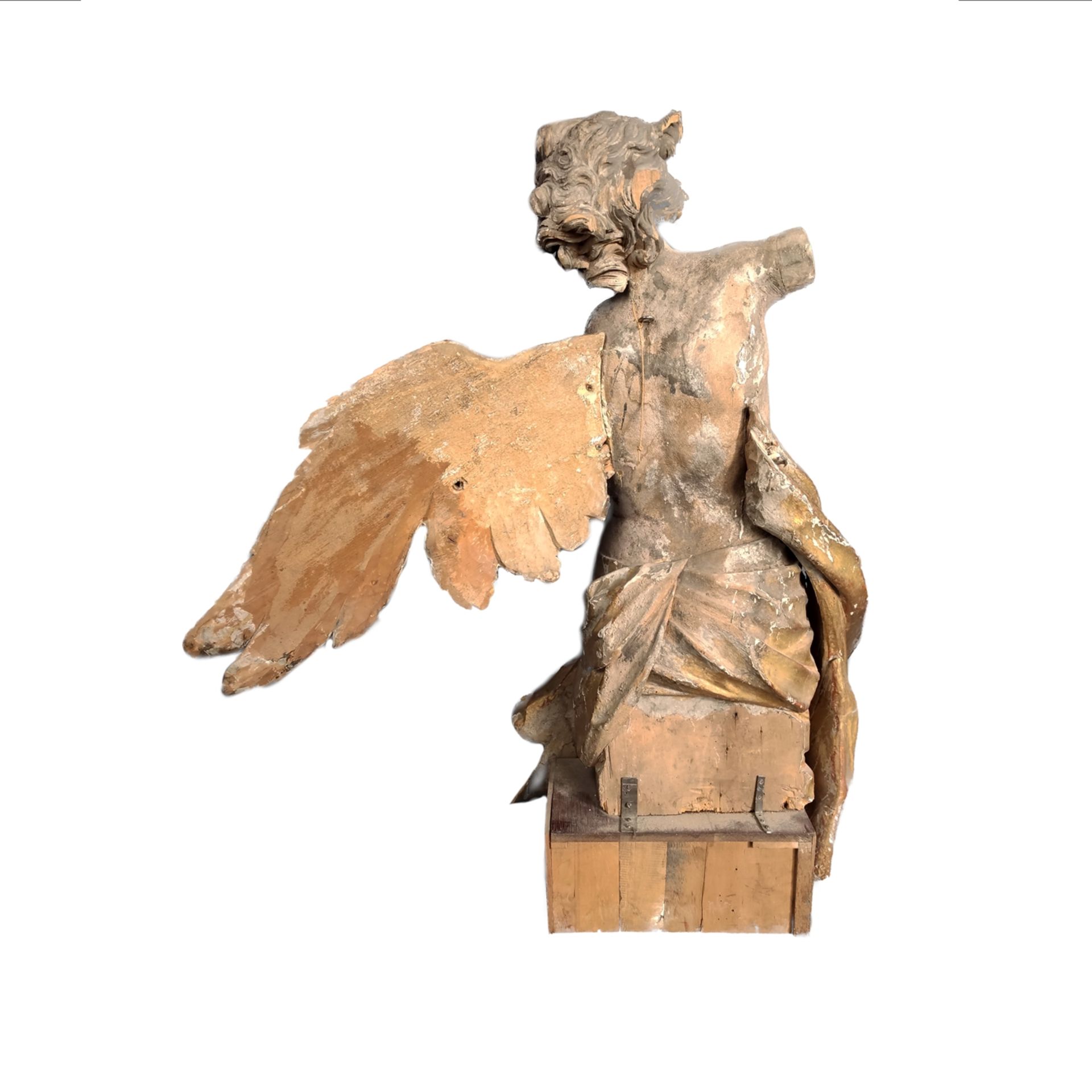 Barocker Engel, um 1780, auf Podest, vollrund geschnitzte Figur eines Engels, ein Flügel vorhanden, - Bild 3 aus 7