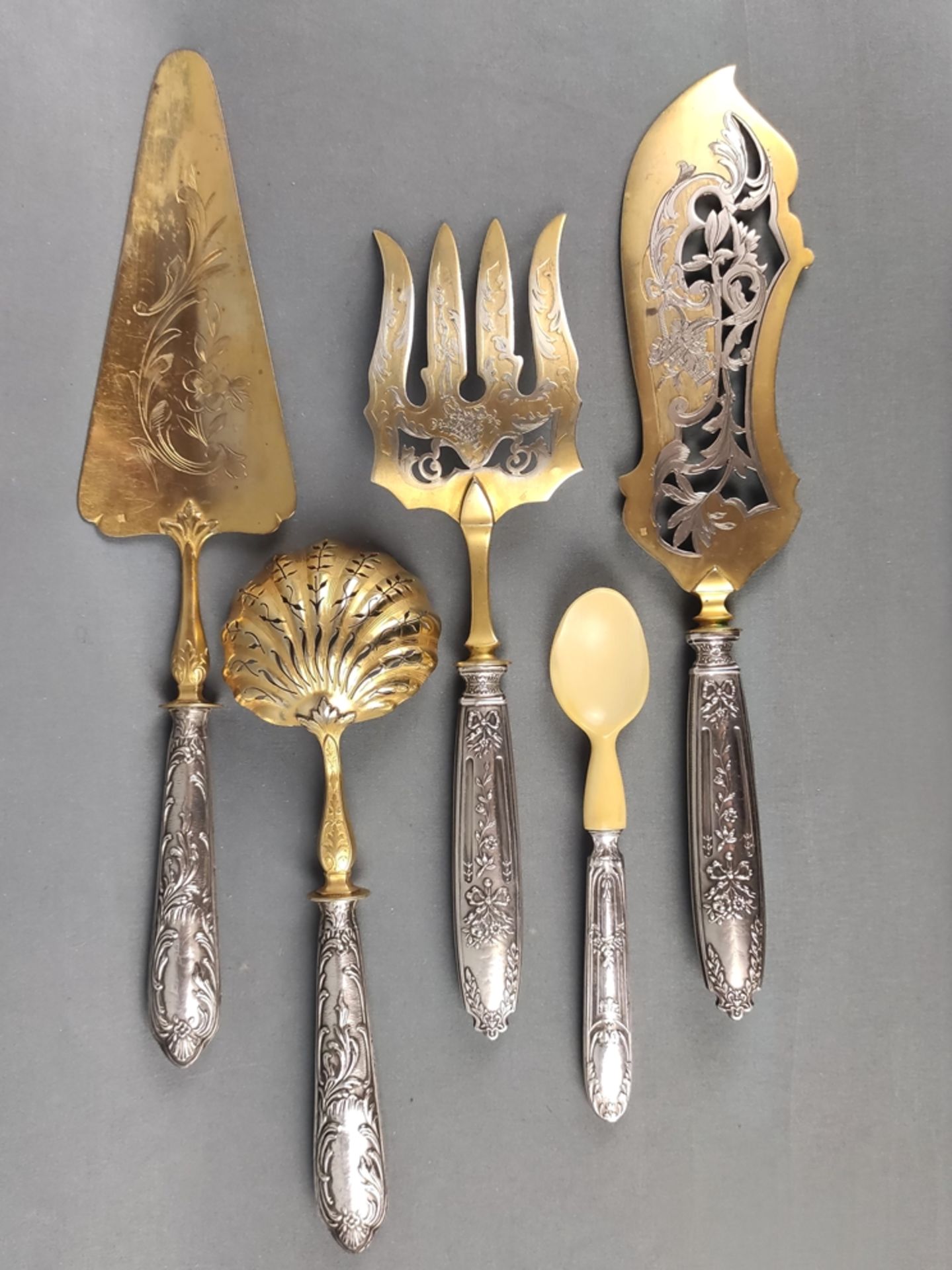 Serving cutlery, 5 pieces, France, Paris, Joseph Crossard, 19th/ 20th century, 4 matching, one misc