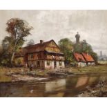 Unbekannter Künstler (20. Jahrhundert) "Bauernidylle am Fluss" mit Blick auf Hof, Katen und zwei Zw