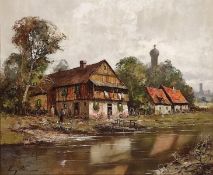 Unbekannter Künstler (20. Jahrhundert) "Bauernidylle am Fluss" mit Blick auf Hof, Katen und zwei Zw