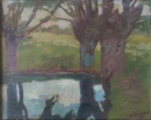 Landschaftsmaler (19./20. Jahrhundert) "Bäume am Wasser", drei Platanen am Ufer eines Sees, im Hint