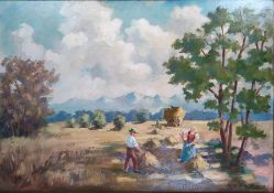 Wohlrab, Hans (1905 Eger - 1978 Nabburg) "Heuernte", Bauern auf sommerlichem Feld in weiter Landsch
