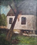 Reinhardt, J. (20.Jahrhundert) "Hausansicht", im Vordergrund Baum, dahinter Ausblick auf ein weißes