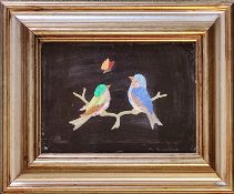 Buccioni, Alfredo (2. Hälfte 20. Jhd.) "Zwei Vögel auf einem Zweig", Pietra-Dura-Bildplatte, fein g