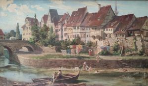 Gräner, G (Ende 19./ Anfang 20. Jahrhundert) "Architektonische Stadtansicht am Fluss", mit Badenden