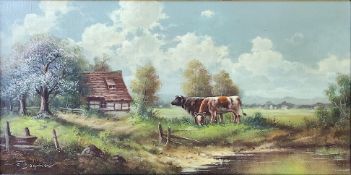 Bogner (20. Jahrhundert) "Kühe auf frühsommerlicher Weide" mit kleinem Bauernhaus und Blick auf Ort