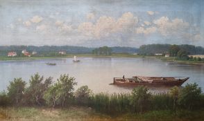 Borgmann, Paul (19. Jahrhundert) "Seeblick", im Vordergrund Fischerboot, im Hintergrund Ausblick au