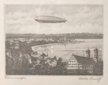 Uecker-Fensloff, Arthur (gestorben 1934) "Friedrichshafen", Ansicht über die Stadt mit Zeppelin, Ra