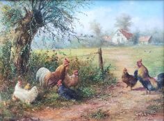 Feyen, Lion Arie (1947 Schiedam, Holland) "Hühnerhof", Gruppe von Hühnern mit Küken auf einer Wiese
