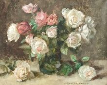 Hagemann, Oskar H. (1888 Holoubkov - 1984 Karlsruhe) "Blumenstillleben" mit Rosen in Vase, Öl auf L