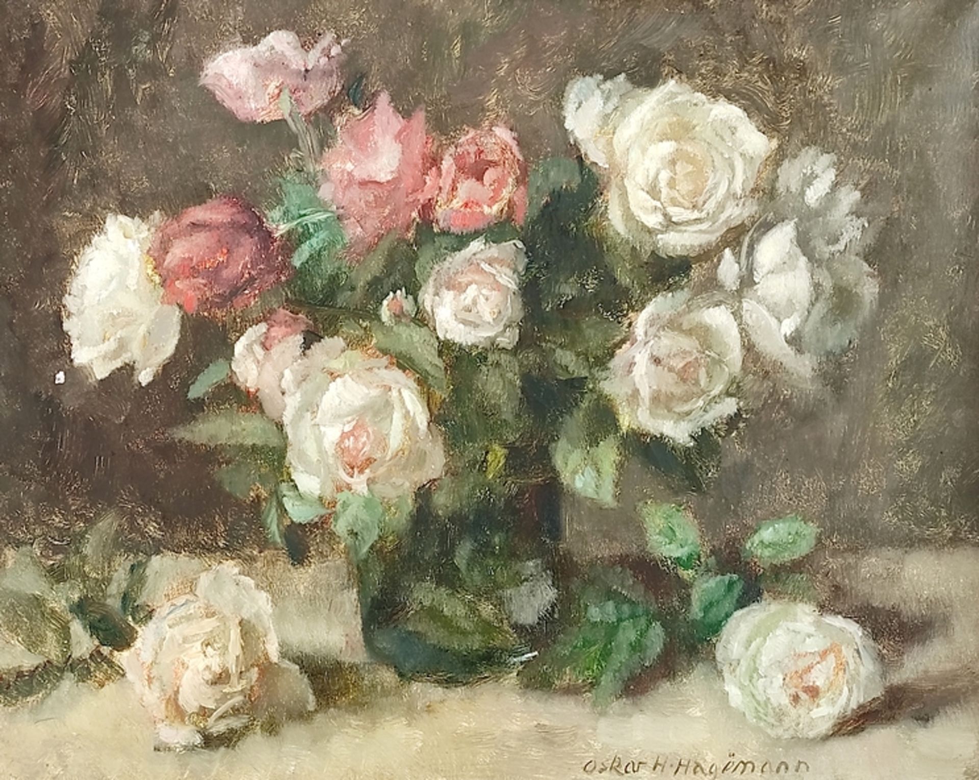 Hagemann, Oskar H. (1888 Holoubkov - 1984 Karlsruhe) "Floral Still Life" with roses in vase, oil on