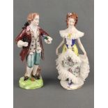 Two porcelain figurines, lady and cavalier, elegantly dressed lady, Aelteste Vorstedter Porzellanma