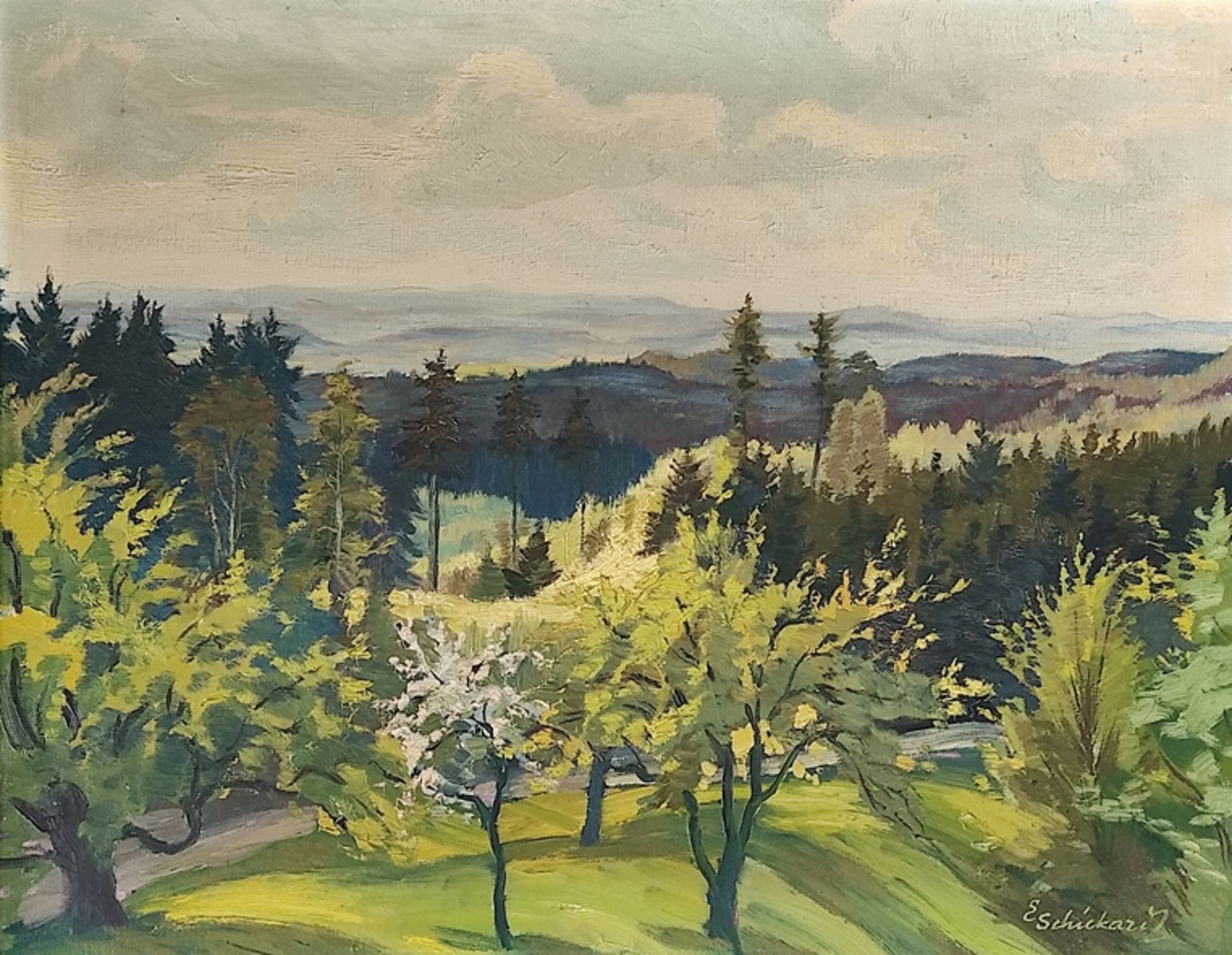 Schickardt, Eugen (1905 Stuttgart - 1965) "Landschaftsausblick" mit Obstbäumen im Vordergrund und d