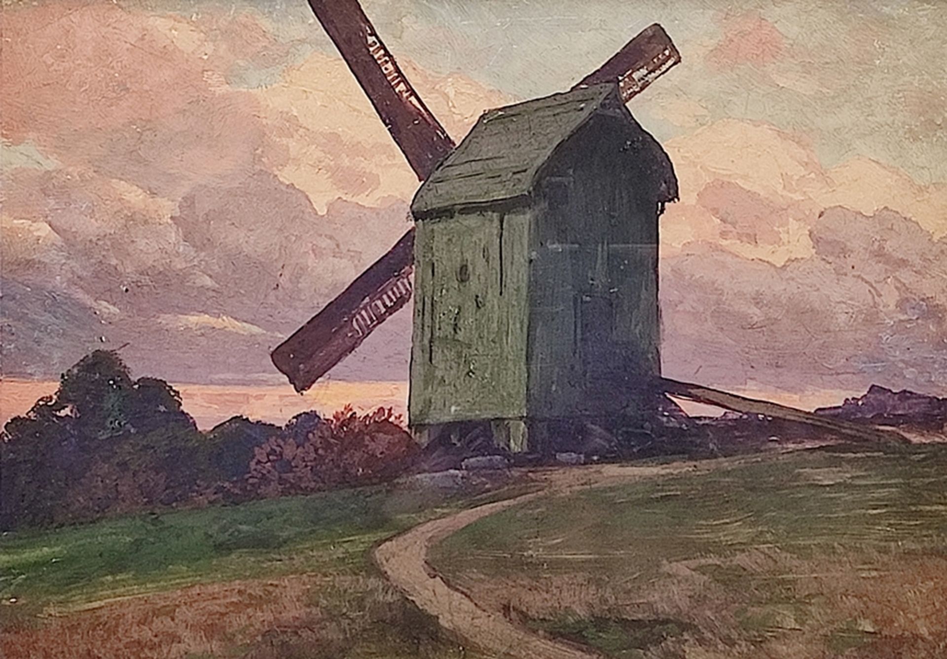 Hellgrewe, Rudolf (1860 Hammerstein - 1926 Berlin) "Märkische Landschaft" with windmill in the suns