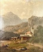 Meermann, Arnold (1829 Rehden - 1908 Nieder Thalheim bei Bad Landeck) "Dorfkirche" mit Blick auf di