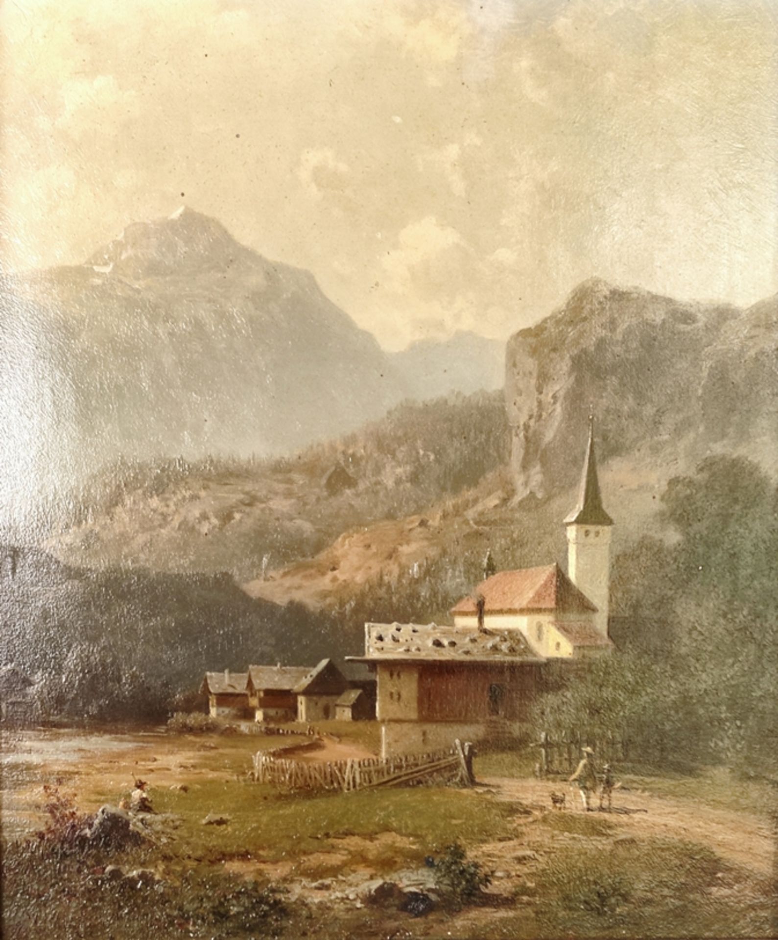Meermann, Arnold (1829 Rehden - 1908 Nieder Thalheim bei Bad Landeck) "Village church" with view of
