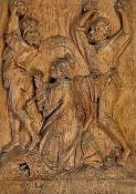 Relief mit Steinigung des heiligen Stephanus, kniend und betend in der Mitte der Heilige Stephanus,