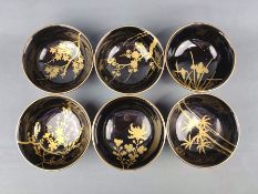 Sechs Schwarzlackschälchen, fein mit Gold bemalt mit verschiedenen Pflanzen, Höhe 5cm und Durchmess