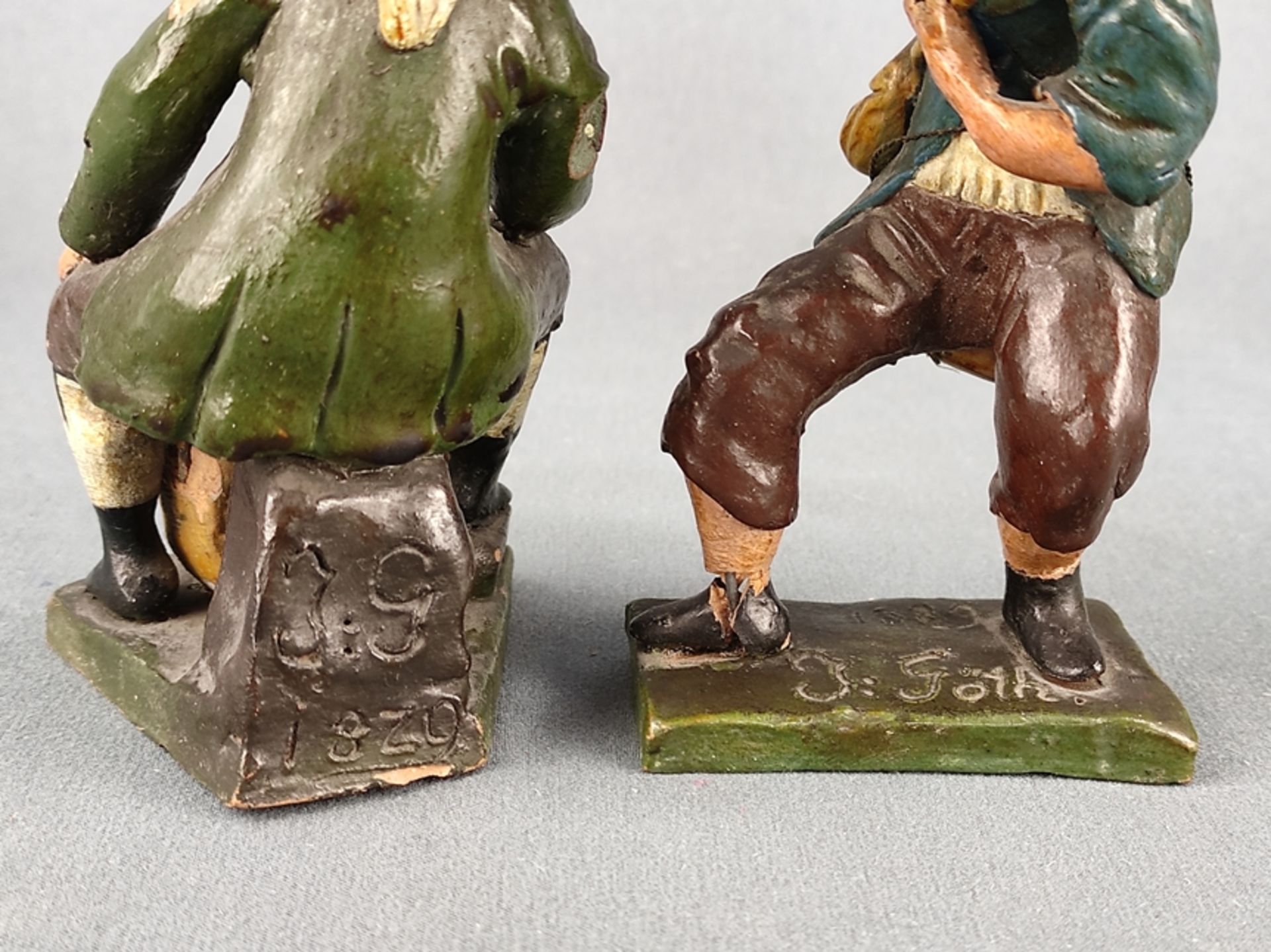 15 figurines, 19th century, terracotta, colourfully painted, one signed on base J: Göth., height of - Image 6 of 7