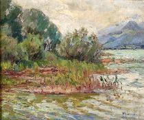Glamann, Valeska (1872 - 1930) "Uferlandschaft", im Hintergrund Blick auf Berge, Öl auf Leinwand, r