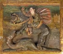 Hochrelief / Wandpaneel mit der Darstellung des Heiligen Georgs, 18./19. Jahrhundert, Holz geschnit