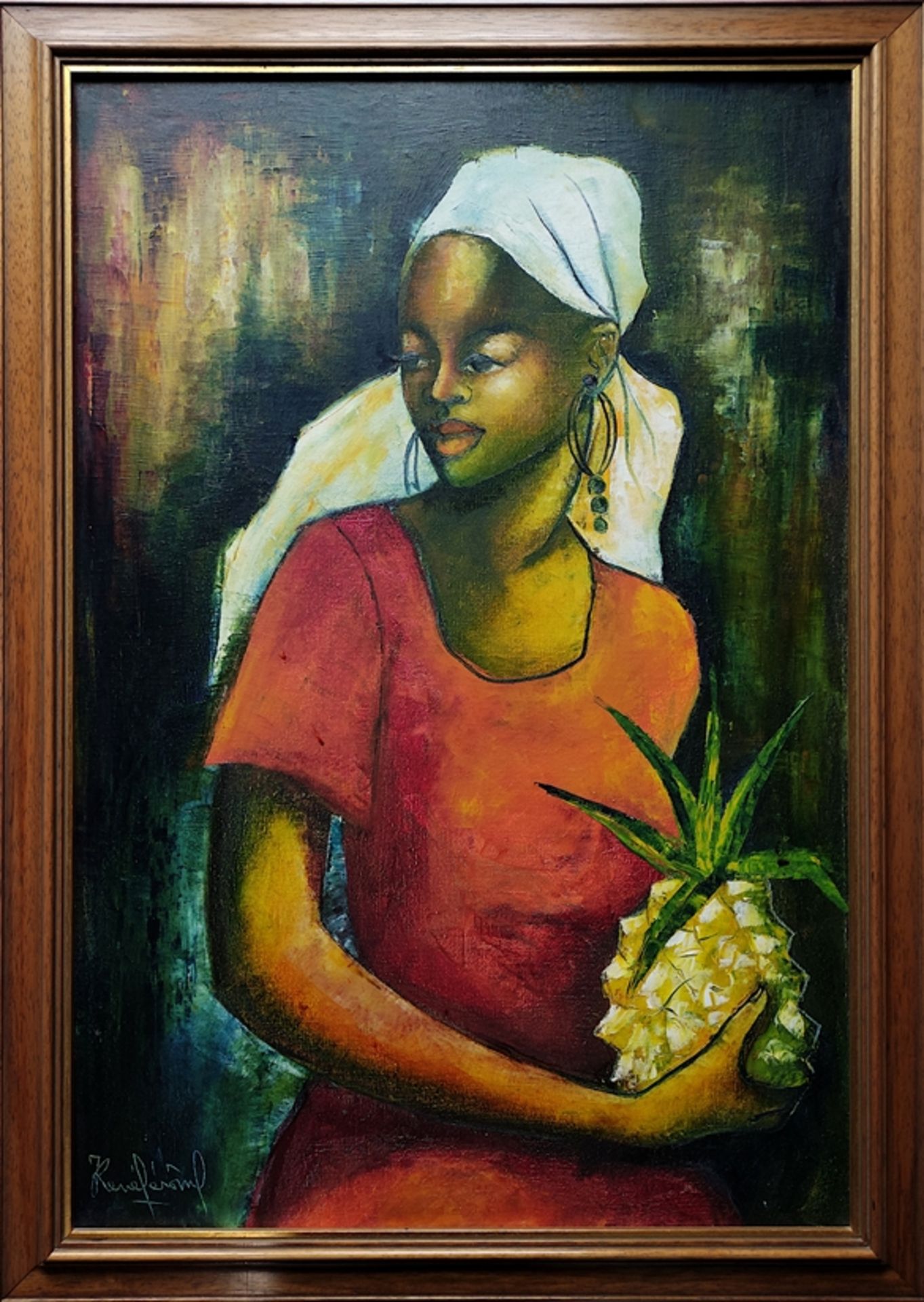 Jerome, Jean-René (1942 Petit Goave - 1991) "Frau mit Ananas", Öl auf Leinwand, rechts unten signie - Bild 2 aus 4
