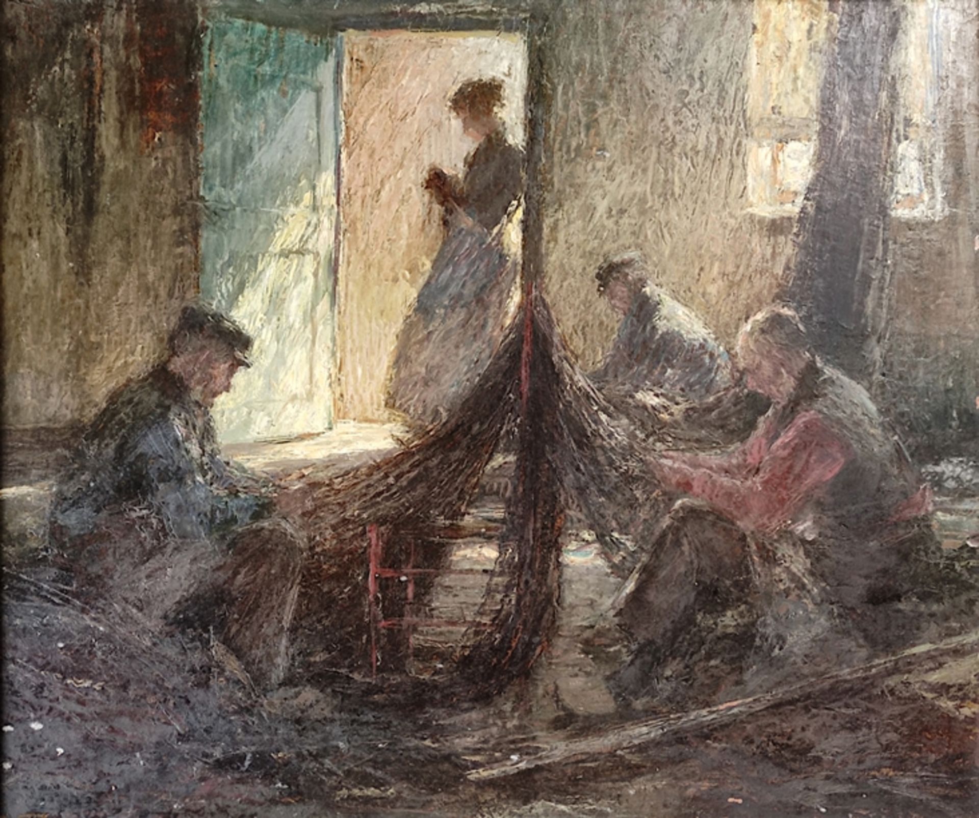 Leysing, Piet (1885 - 1933 Düsseldorf) attributed "Fishermen mending nets", sitting in a parlour, o