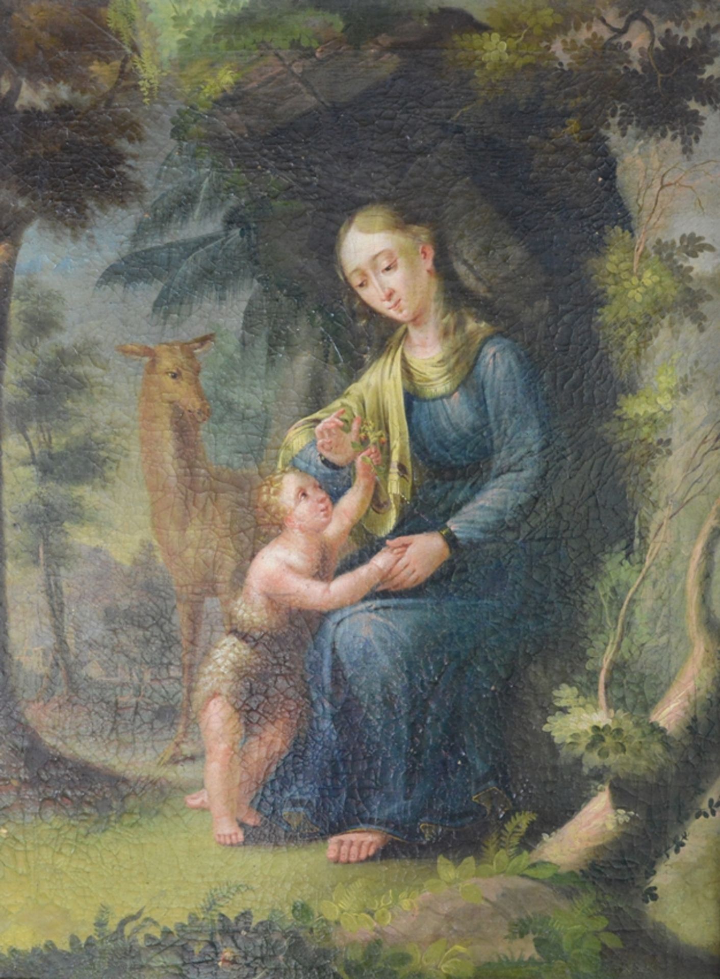 Heiligenmaler (18./19. Jahrhundert) "Genoveva von Brabant", die Heilige Genoveva sitzt in der Stein