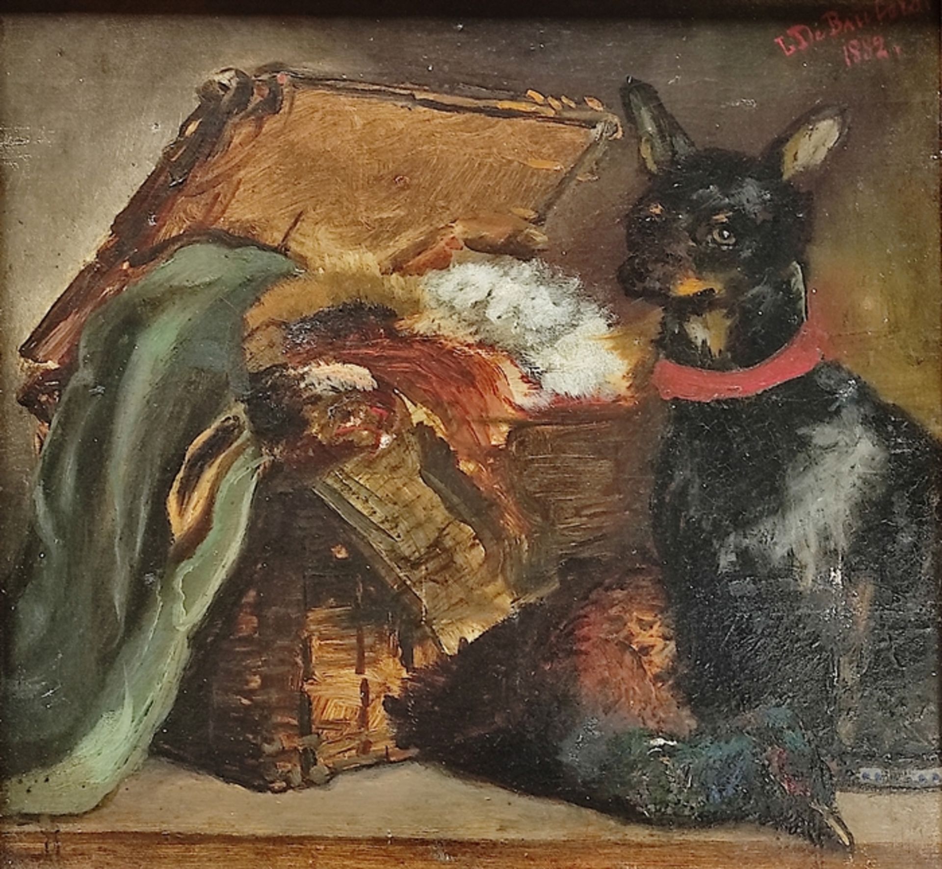 De Baulers, L. (19. Jahrhundert) "Jagdstillleben" mit Hase, Fasan und Pinscher, Öl auf Leinwand, re