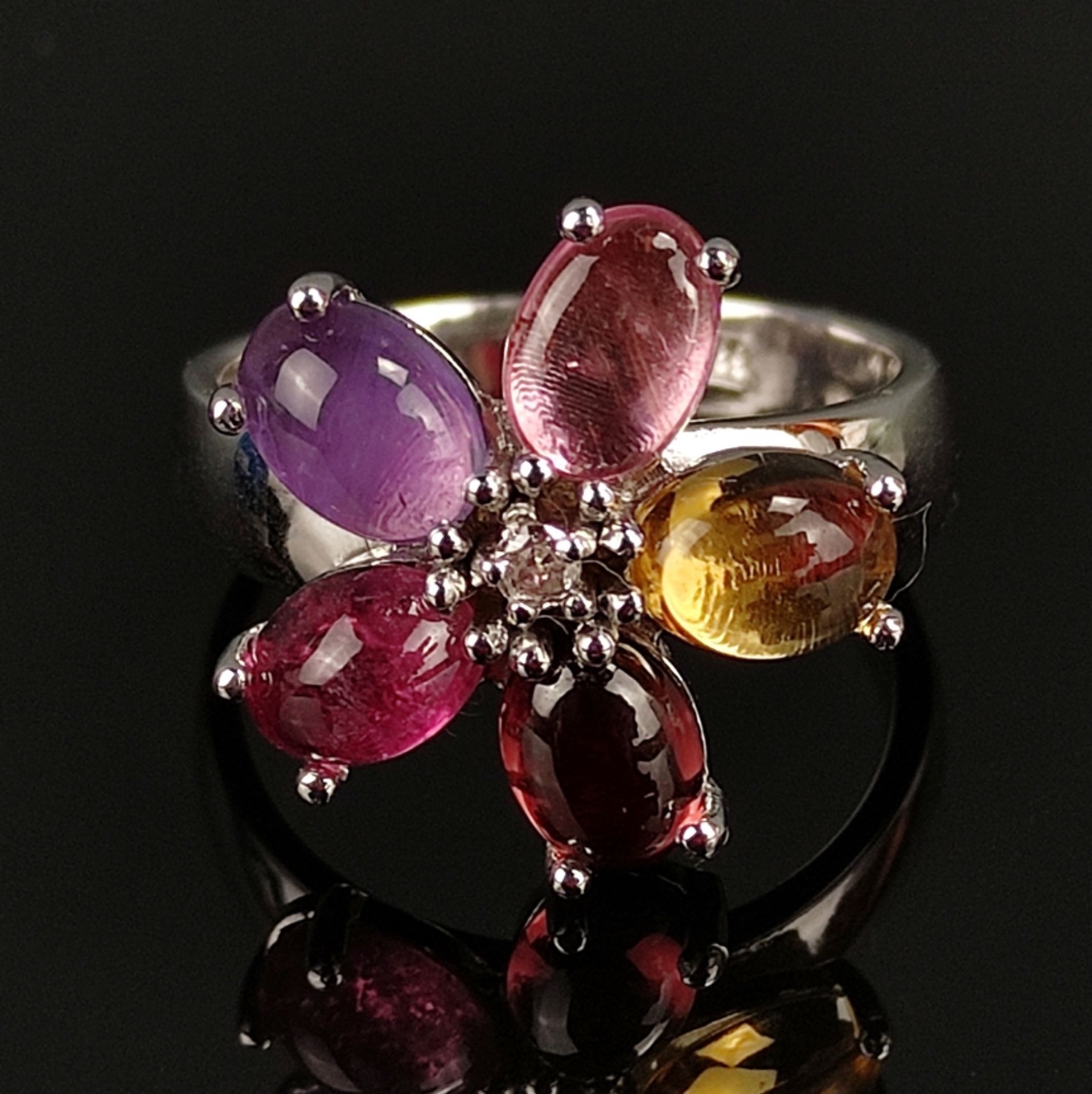 Flower ring, 585/14K white gold (hallmarked), total weight 7.53g, 5 oval coloured stone cabochons a - Image 2 of 3
