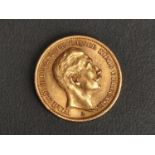 Prussia, 20 marks, Wilhelm II, 1908, 900/1000 yellow gold, 8g, diameter 22.48mm.