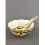 Rice bowl and spoon, yellow backround with floral decoration and butterflies, porcelain, height 5.5