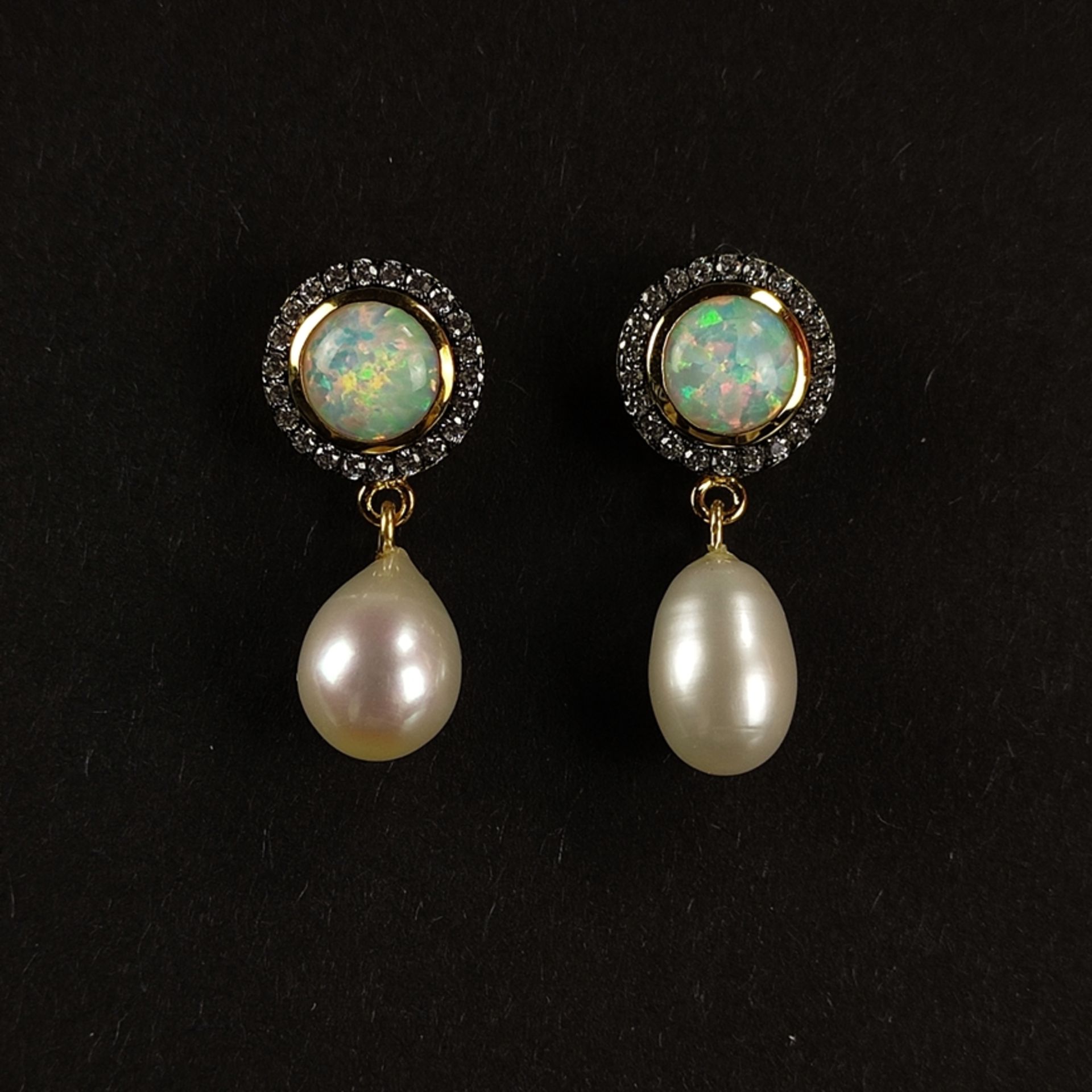 Opal-Ohrstecker mit Perlen, Silber 925 in 585/14K Gelbgold vergoldet, Gesamtgewicht 4,3g, Ohrstecke