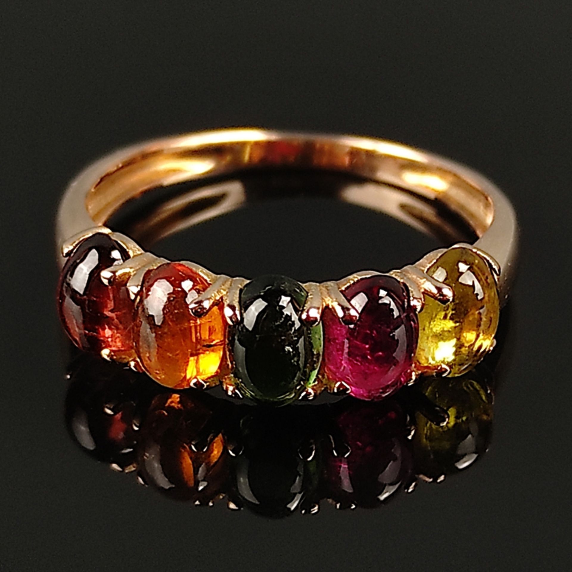 Multicolour tourmaline gold ring, 585/14K rose gold, total weight 2.72g, narrow ring band set with  - Image 2 of 2