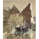 Diefenbach, Karl Wilhelm (1851 - 1913) "Fischer auf Boot", mixed media on paper, signed with pencil