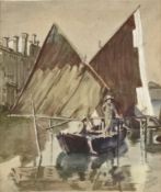 Diefenbach, Karl Wilhelm (1851 - 1913) "Fischer auf Boot", Mischtechnik auf Papier, rechts unten mi