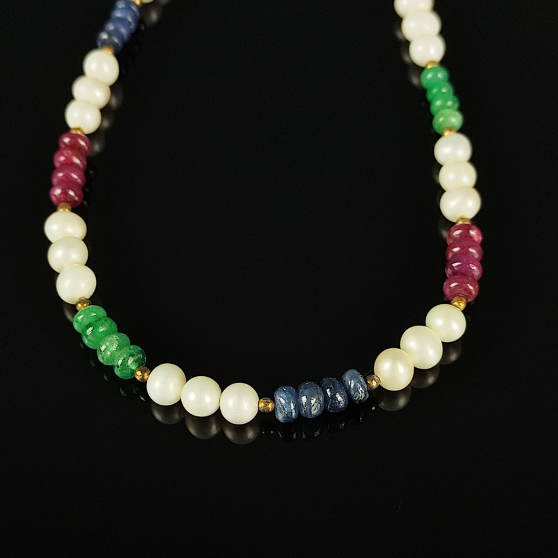 Saphir/Smaragd/Rubin-Kette mit Perlen, im Wechsel aufgefädelt, Karabinerverschluss, Sterlingsilber 