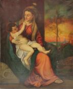 Kopie nach Tizian (20. Jahrhundert) "Madonna col bambino in un paessaggio serale", Madonna mit Kind