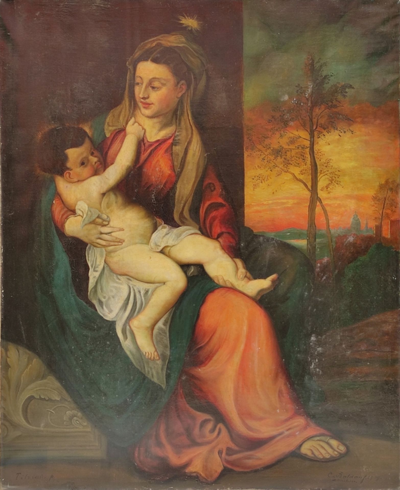 Copy after Titian (20th century) "Madonna col bambino in un paessaggio serale", Madonna with Child 