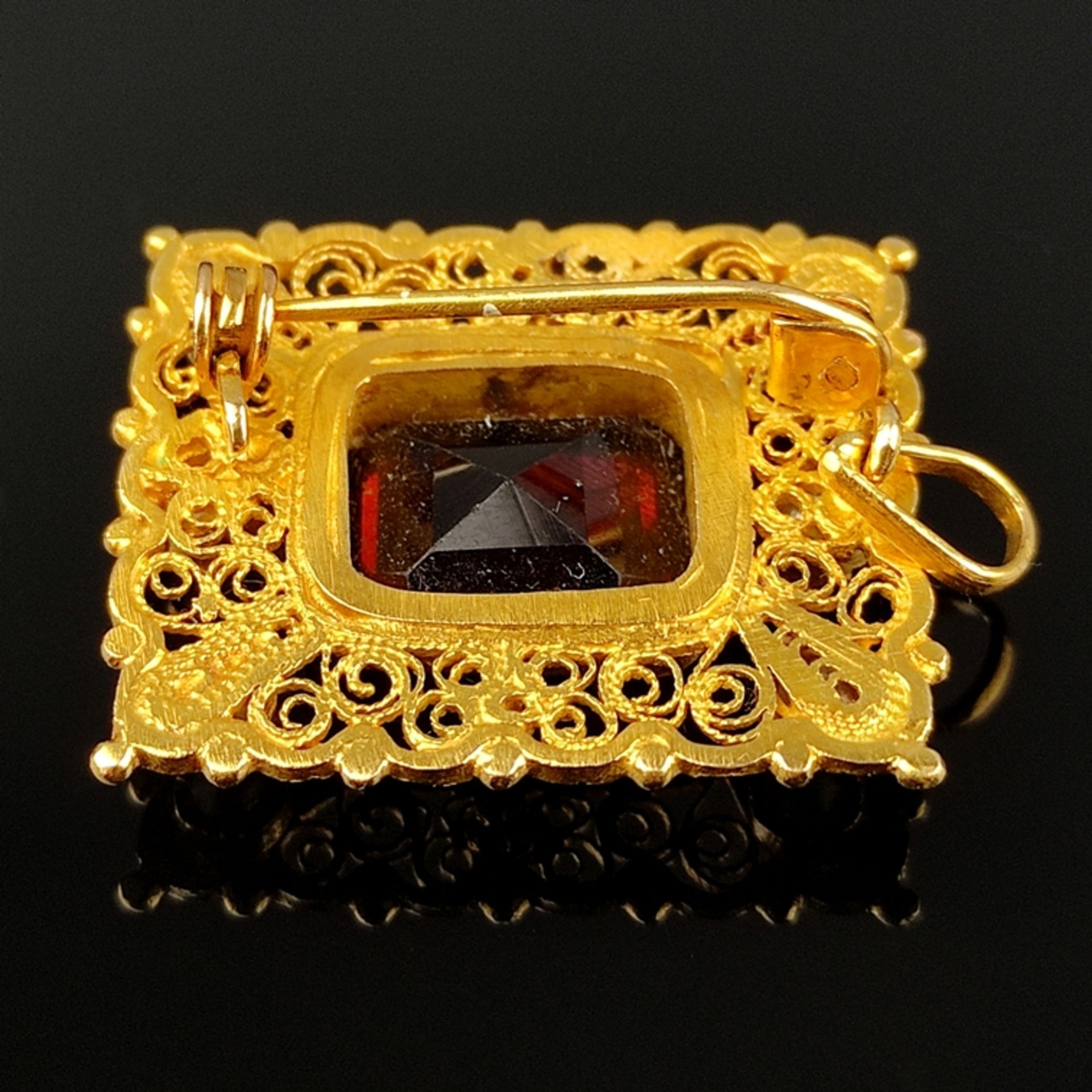 Persische Granat-Gold-Brosche/Anhänger, mindestens 875/21K Gelbgold (getestet), 8g, mittig großer f - Bild 3 aus 3