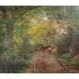 Seibels, Carl (1844 Köln - 1877 Capri oder Neapel) "Kühe auf Waldweg", Öl auf Platte, rechts unten 