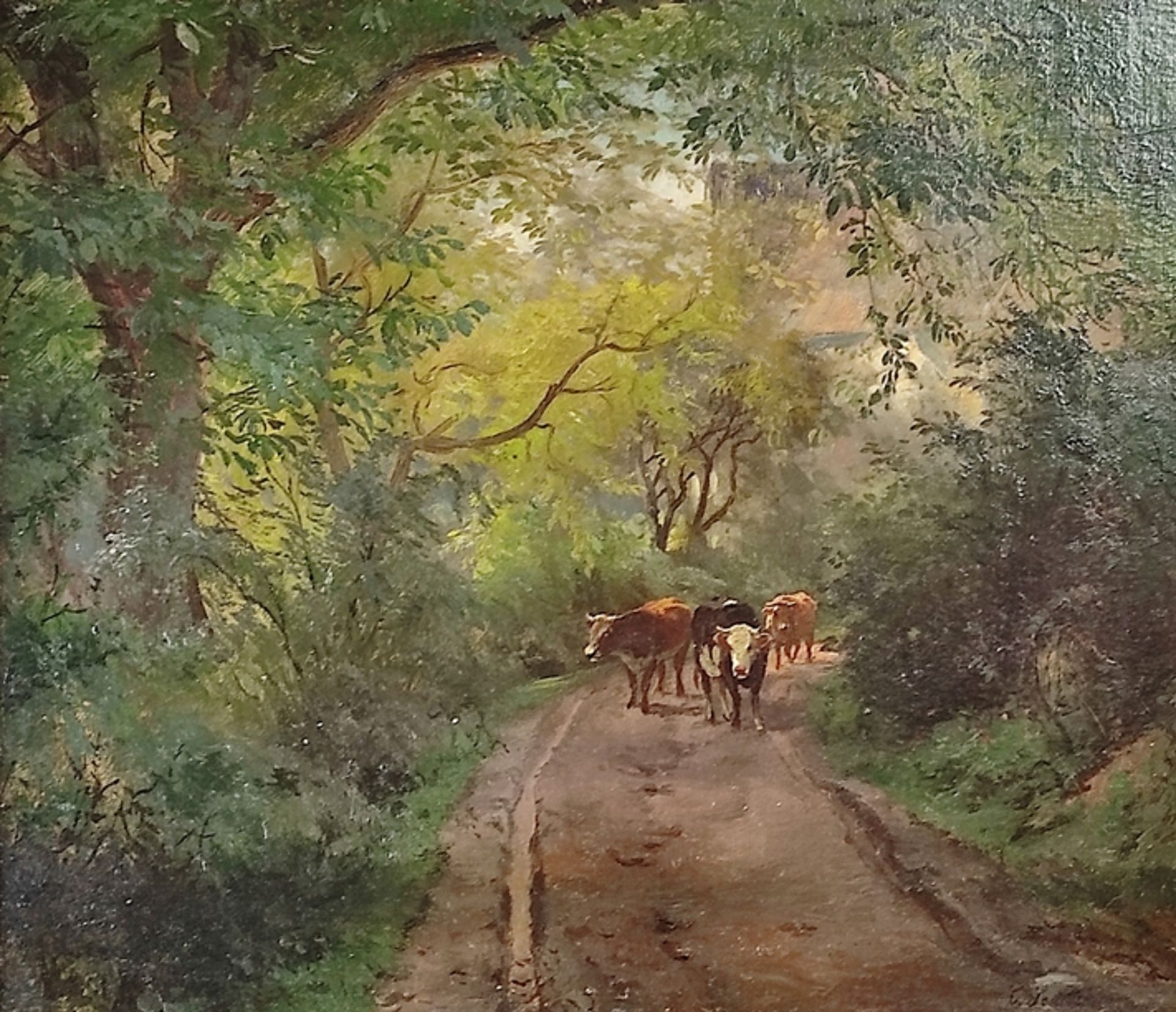 Seibels, Carl (1844 Köln - 1877 Capri oder Neapel) "Kühe auf Waldweg", Öl auf Platte, rechts unten 